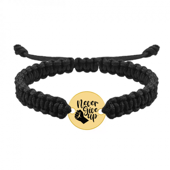 Bratara argint banut 16 mm si snur negru impletit - personalizata cu text - placat cu aur galben de 24 karate